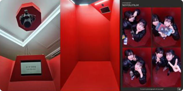 천장에 설치된 하이앵글 카메라 모습, 하이앵글 부스 모습, 하이앵글 부스에서  촬영한 사진네컷