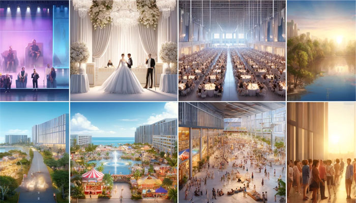 웨딩 및 파티, 기업 이벤트 및 컨퍼런스, 학교 및 대학 행사, 쇼핑몰 및 상업 시설, 관광지 및 리조트 등 전경