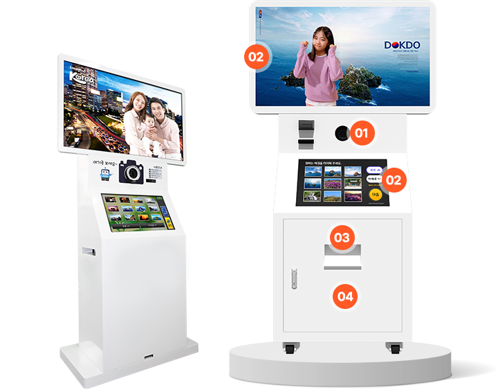 기기의 측면과(상단부터 02사용카메라, 03디스프레이) 윗면 사진(상단부터 04사진 전용프린터, 01조명, 02사용카메라)