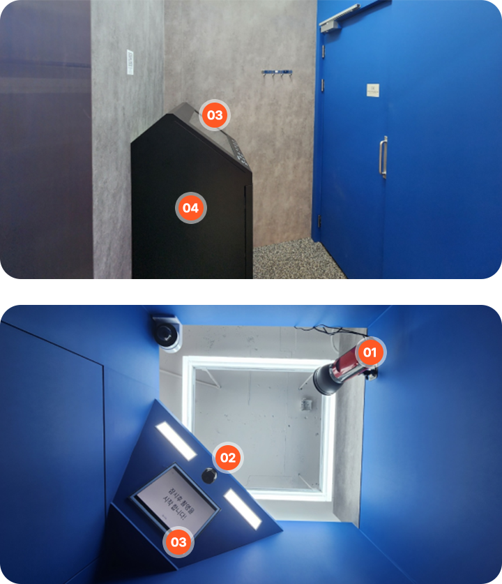 기기의 측면과(상단부터 02사용카메라, 03디스프레이) 윗면 사진(상단부터 04사진 전용프린터, 01조명, 02사용카메라)